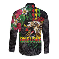 Hawaiian One Love Long Sleeve Button Shirt Reggae Lion Tropical Plants and Kakau with Tribal Pattern