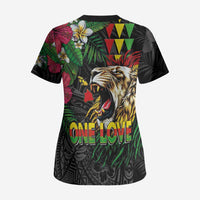 Hawaiian One Love Scrub Top Reggae Lion Tropical Plants and Kakau with Tribal Pattern