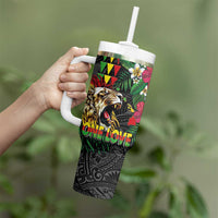 Hawaiian One Love Tumbler With Handle Reggae Lion Tropical Plants and Kakau with Tribal Pattern LT03 - Polynesian Pride