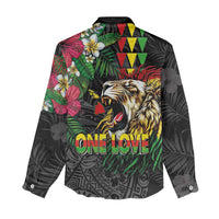 Hawaiian One Love Women Casual Shirt Reggae Lion Tropical Plants and Kakau with Tribal Pattern LT03 - Polynesian Pride