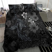 Hawaiian Tropical Plants and Tribal Whales Bedding Set Polynesian Art Tattoo Grayscale
