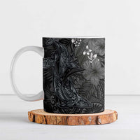 Hawaiian Tropical Plants and Tribal Whales Ceramic Mug Polynesian Art Tattoo Grayscale