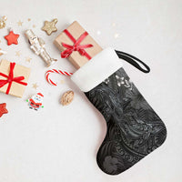 Hawaiian Tropical Plants and Tribal Whales Christmas Stocking Polynesian Art Tattoo Grayscale