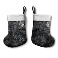 Hawaiian Tropical Plants and Tribal Whales Christmas Stocking Polynesian Art Tattoo Grayscale