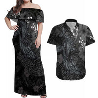 Hawaiian Tropical Plants and Tribal Whales Couples Matching Off Shoulder Maxi Dress and Hawaiian Shirt Polynesian Art Tattoo Grayscale LT03 Black - Polynesian Pride