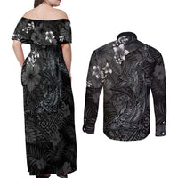 Hawaiian Tropical Plants and Tribal Whales Couples Matching Off Shoulder Maxi Dress and Long Sleeve Button Shirt Polynesian Art Tattoo Grayscale LT03 - Polynesian Pride