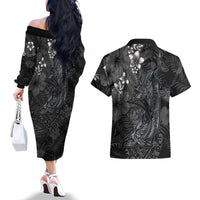 Hawaiian Tropical Plants and Tribal Whales Couples Matching Off The Shoulder Long Sleeve Dress and Hawaiian Shirt Polynesian Art Tattoo Grayscale LT03 - Polynesian Pride