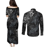 Hawaiian Tropical Plants and Tribal Whales Couples Matching Puletasi and Long Sleeve Button Shirt Polynesian Art Tattoo Grayscale LT03 - Polynesian Pride