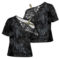 Hawaiian Tropical Plants and Tribal Whales Cross Shoulder Shirt Polynesian Art Tattoo Grayscale LT03 - Polynesian Pride
