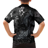 Hawaiian Tropical Plants and Tribal Whales Family Matching Long Sleeve Bodycon Dress and Hawaiian Shirt Polynesian Art Tattoo Grayscale LT03 - Polynesian Pride
