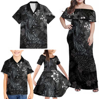 Hawaiian Tropical Plants and Tribal Whales Family Matching Off Shoulder Maxi Dress and Hawaiian Shirt Polynesian Art Tattoo Grayscale LT03 - Polynesian Pride