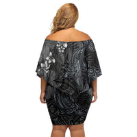 Hawaiian Tropical Plants and Tribal Whales Family Matching Off Shoulder Short Dress and Hawaiian Shirt Polynesian Art Tattoo Grayscale LT03 - Polynesian Pride