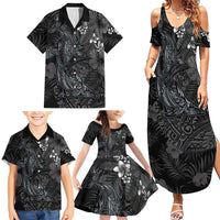 Hawaiian Tropical Plants and Tribal Whales Family Matching Summer Maxi Dress and Hawaiian Shirt Polynesian Art Tattoo Grayscale LT03 - Polynesian Pride