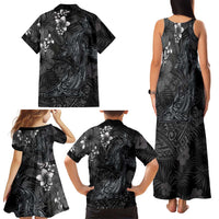 Hawaiian Tropical Plants and Tribal Whales Family Matching Tank Maxi Dress and Hawaiian Shirt Polynesian Art Tattoo Grayscale LT03 - Polynesian Pride