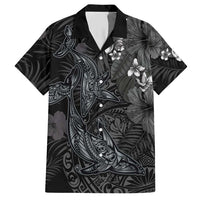 Hawaiian Tropical Plants and Tribal Whales Hawaiian Shirt Polynesian Art Tattoo Grayscale LT03 Black - Polynesian Pride