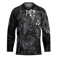 Hawaiian Tropical Plants and Tribal Whales Hockey Jersey Polynesian Art Tattoo Grayscale LT03 Unisex Black - Polynesian Pride