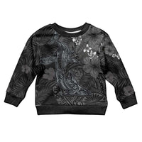 Hawaiian Tropical Plants and Tribal Whales Kid Ugly Christmas Sweater Polynesian Art Tattoo Grayscale LT03 Kid Black - Polynesian Pride