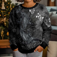 Hawaiian Tropical Plants and Tribal Whales Kid Ugly Christmas Sweater Polynesian Art Tattoo Grayscale LT03 - Polynesian Pride