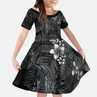 Hawaiian Tropical Plants and Tribal Whales Kid Short Sleeve Dress Polynesian Art Tattoo Grayscale LT03 KID Black - Polynesian Pride
