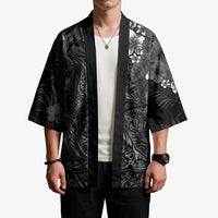 Hawaiian Tropical Plants and Tribal Whales Kimono Polynesian Art Tattoo Grayscale