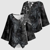 Hawaiian Tropical Plants and Tribal Whales Kimono Sleeve Blouse Polynesian Art Tattoo Grayscale LT03 - Polynesian Pride