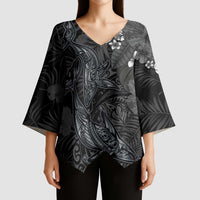 Hawaiian Tropical Plants and Tribal Whales Kimono Sleeve Blouse Polynesian Art Tattoo Grayscale LT03 - Polynesian Pride