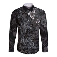 Hawaiian Tropical Plants and Tribal Whales Long Sleeve Button Shirt Polynesian Art Tattoo Grayscale