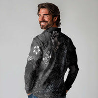 Hawaiian Tropical Plants and Tribal Whales Long Sleeve Polo Shirt Polynesian Art Tattoo Grayscale LT03 - Polynesian Pride