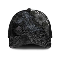 Hawaiian Tropical Plants and Tribal Whales Mesh Trucker Cap Polynesian Art Tattoo Grayscale