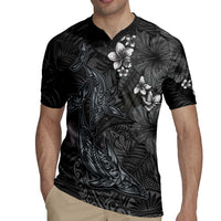 Hawaiian Tropical Plants and Tribal Whales Rugby Jersey Polynesian Art Tattoo Grayscale