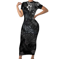 Hawaiian Tropical Plants and Tribal Whales Short Sleeve Bodycon Dress Polynesian Art Tattoo Grayscale LT03 Long Dress Black - Polynesian Pride