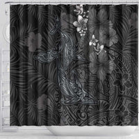 Hawaiian Tropical Plants and Tribal Whales Shower Curtain Polynesian Art Tattoo Grayscale