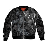 Hawaiian Tropical Plants and Tribal Whales Sleeve Zip Bomber Jacket Polynesian Art Tattoo Grayscale
