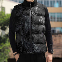 Hawaiian Tropical Plants and Tribal Whales Sleeveless Puffer Jacket Polynesian Art Tattoo Grayscale