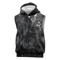 Hawaiian Tropical Plants and Tribal Whales Sleeveless Zip Hoodie Polynesian Art Tattoo Grayscale LT03 Black - Polynesian Pride