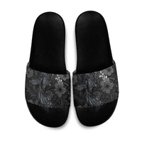 Hawaiian Tropical Plants and Tribal Whales Slide Sandals Polynesian Art Tattoo Grayscale