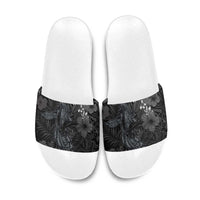 Hawaiian Tropical Plants and Tribal Whales Slide Sandals Polynesian Art Tattoo Grayscale