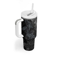 Hawaiian Tropical Plants and Tribal Whales Tumbler With Handle Polynesian Art Tattoo Grayscale LT03 - Polynesian Pride