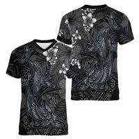 Hawaiian Tropical Plants and Tribal Whales Women V-Neck T-Shirt Polynesian Art Tattoo Grayscale LT03 - Polynesian Pride