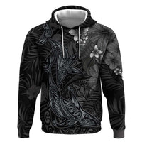 Hawaiian Tropical Plants and Tribal Whales Zip Hoodie Polynesian Art Tattoo Grayscale LT03 Pullover Hoodie Black - Polynesian Pride