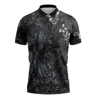 Hawaiian Tropical Plants and Tribal Whales Zipper Polo Shirt Polynesian Art Tattoo Grayscale LT03 Black - Polynesian Pride