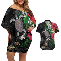 Hawaiian Tropical Plants and Turtles Couples Matching Off Shoulder Short Dress and Hawaiian Shirt Polynesian Art Motifs LT03 Black - Polynesian Pride