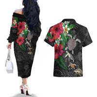 Hawaiian Tropical Plants and Turtles Couples Matching Off The Shoulder Long Sleeve Dress and Hawaiian Shirt Polynesian Art Motifs LT03 - Polynesian Pride