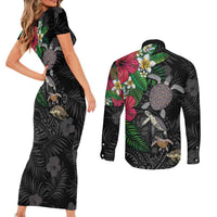 Hawaiian Tropical Plants and Turtles Couples Matching Short Sleeve Bodycon Dress and Long Sleeve Button Shirt Polynesian Art Motifs LT03 - Polynesian Pride