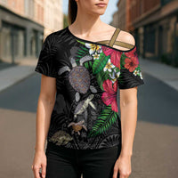 Hawaiian Tropical Plants and Turtles Cross Shoulder Shirt Polynesian Art Motifs
