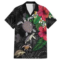 Hawaiian Tropical Plants and Turtles Family Matching Off The Shoulder Long Sleeve Dress and Hawaiian Shirt Polynesian Art Motifs LT03 Dad's Shirt - Short Sleeve Black - Polynesian Pride