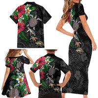 Hawaiian Tropical Plants and Turtles Family Matching Short Sleeve Bodycon Dress and Hawaiian Shirt Polynesian Art Motifs LT03 - Polynesian Pride