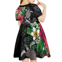Hawaiian Tropical Plants and Turtles Kid Short Sleeve Dress Polynesian Art Motifs
