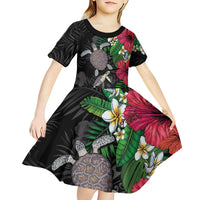 Hawaiian Tropical Plants and Turtles Kid Short Sleeve Dress Polynesian Art Motifs