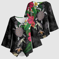 Hawaiian Tropical Plants and Turtles Kimono Sleeve Blouse Polynesian Art Motifs